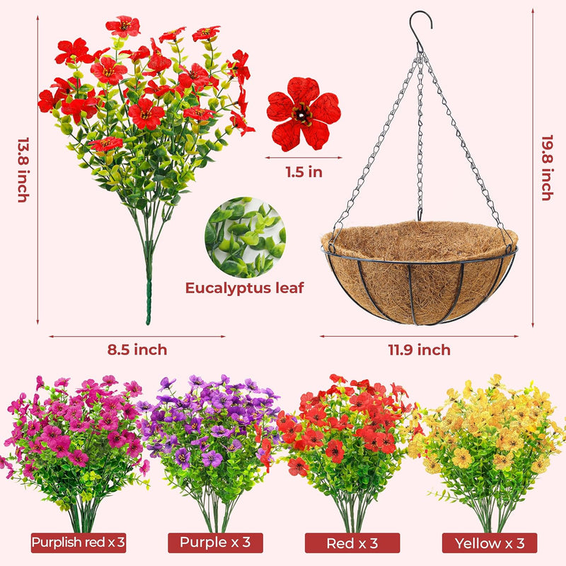  Artificial Hanging Flowers Basket for Outdoors Fake Hanging Plants Spring Summer Decoration UV Resistant for Garden Front Porch Patio Balcony Decor