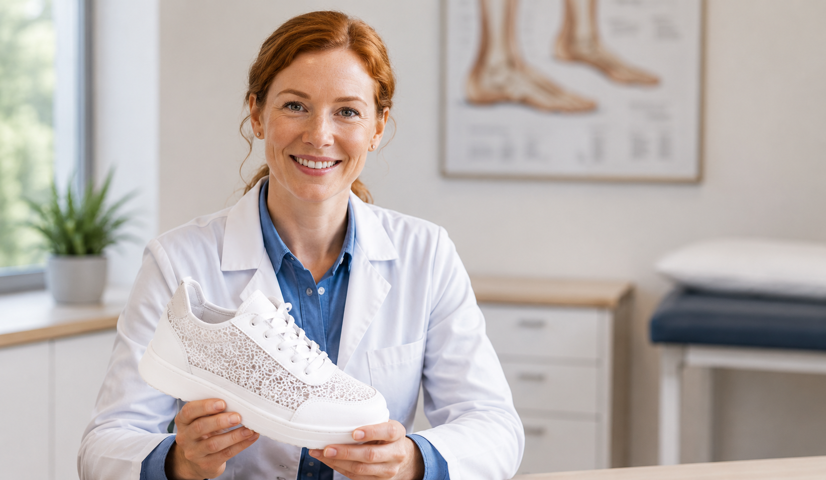 Suggested image: doctor or foot comfort expert reviewing casual walking sneakers and foot pressure points