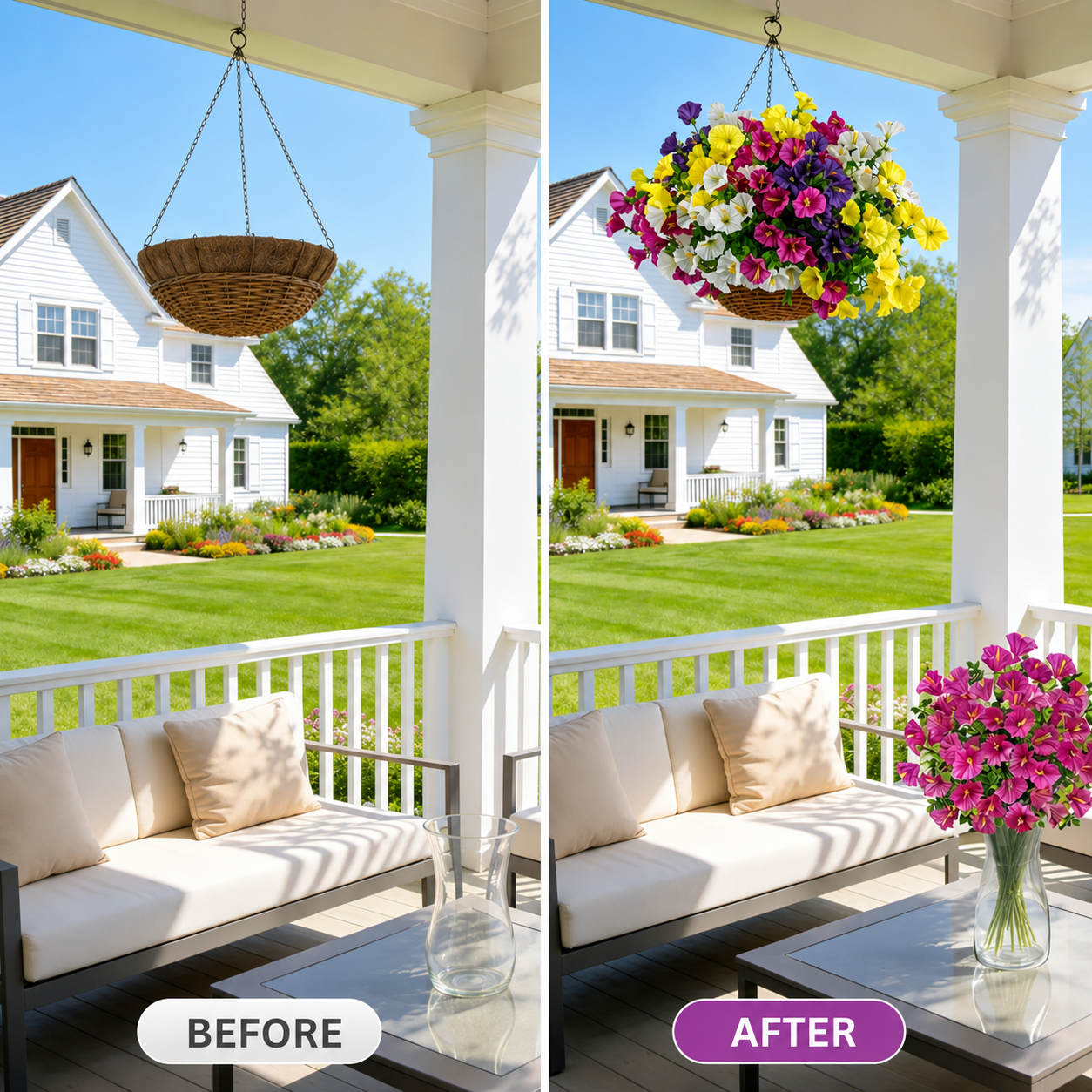 Suggested image: before and after porch planter showing artificial petunias filling a bare basket
