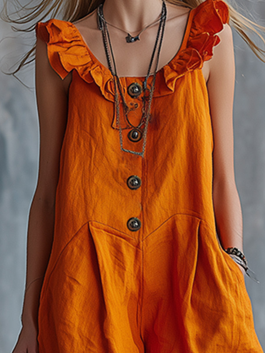 Vibrant Orange Ruffled-Strap Cotton-Linen Jumpsuit