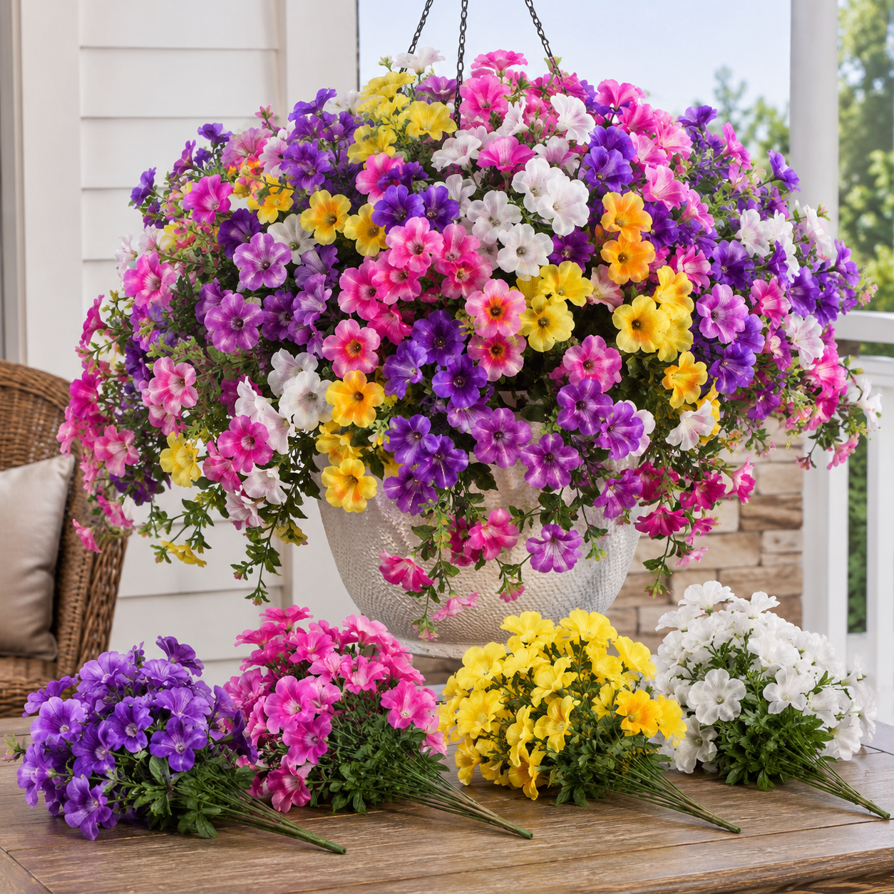 Suggested image: verified buyer style photo with full artificial petunia porch arrangement