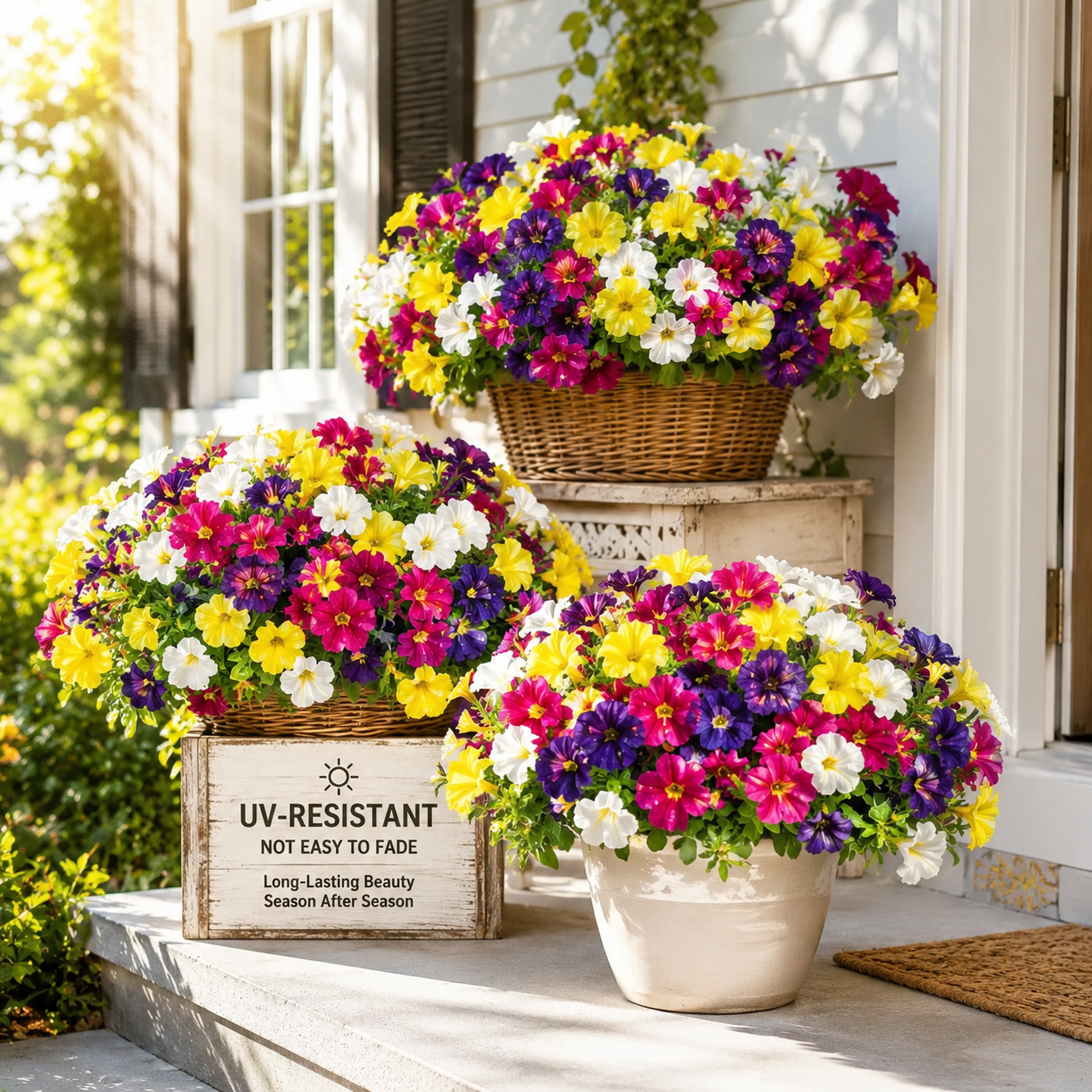 Suggested image: hero photo of UV Resistant Artificial Petunias Flowers arranged in full porch planters