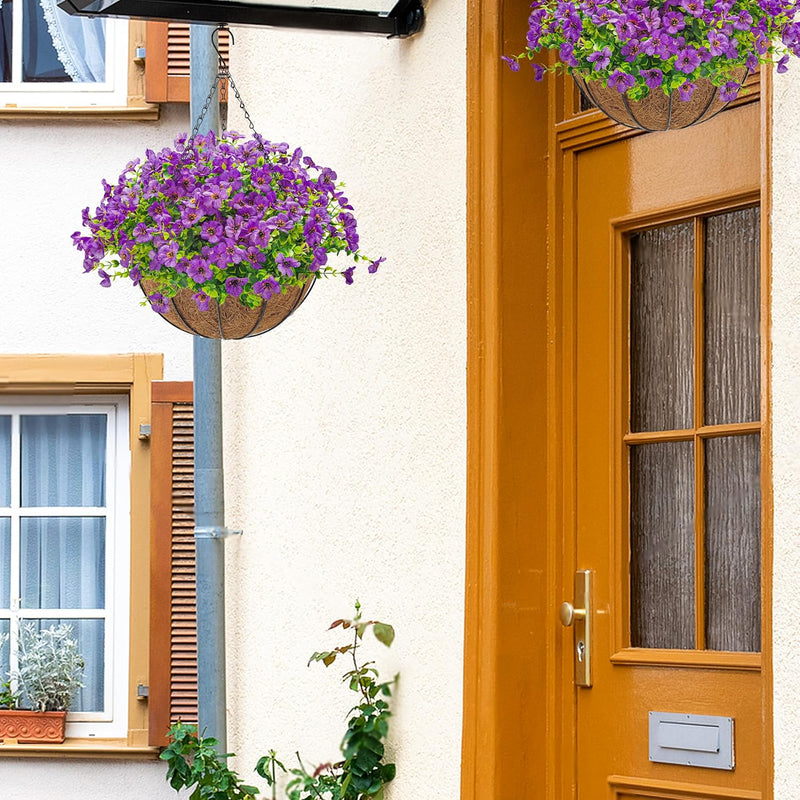  Artificial Hanging Flowers Basket for Outdoors Fake Hanging Plants Spring Summer Decoration UV Resistant for Garden Front Porch Patio Balcony Decor purple