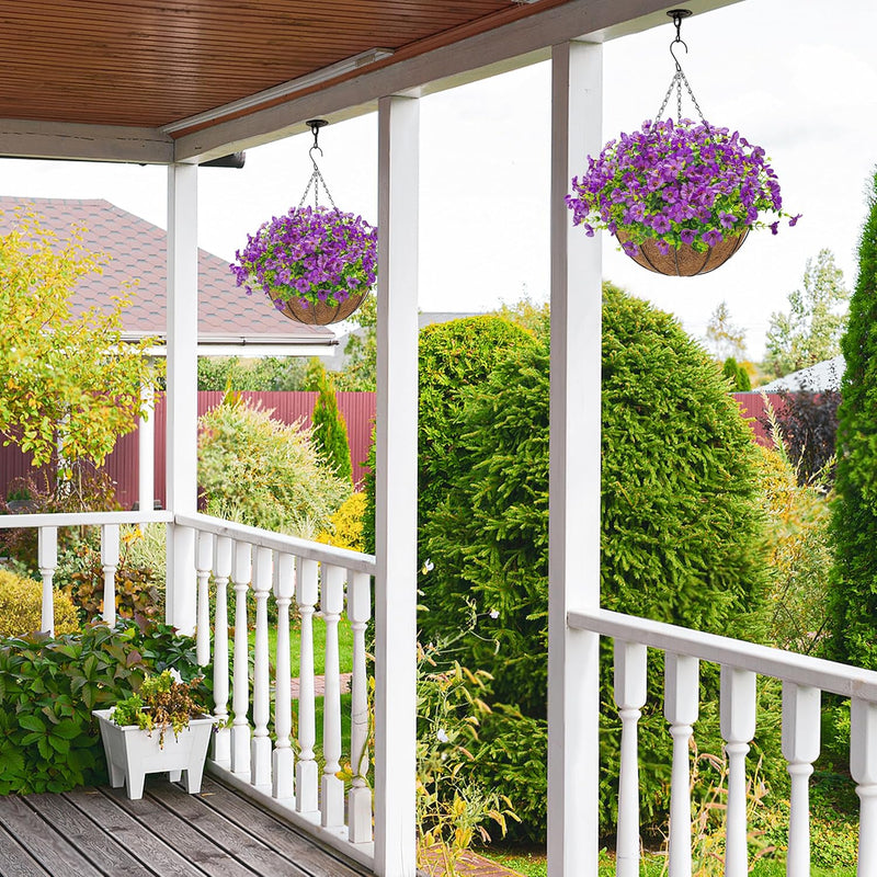  Artificial Hanging Flowers Basket for Outdoors Fake Hanging Plants Spring Summer Decoration UV Resistant for Garden Front Porch Patio Balcony Decor purple