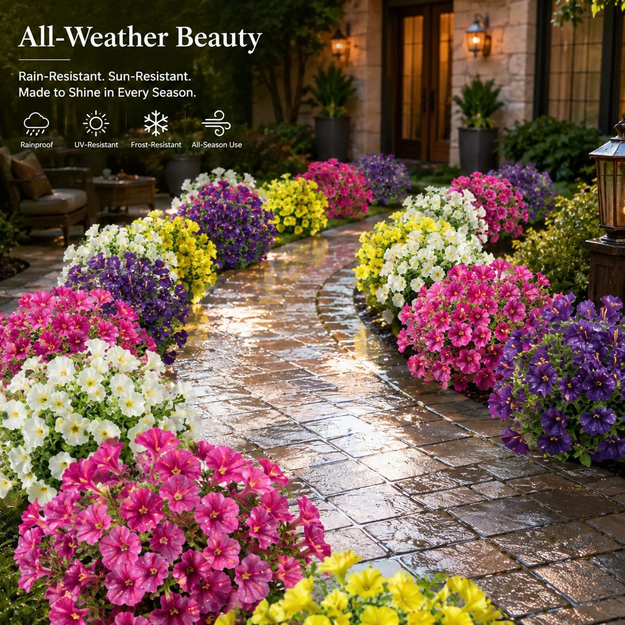 Suggested image: UV-resistant artificial petunias displayed outdoors in sunlight and rain
