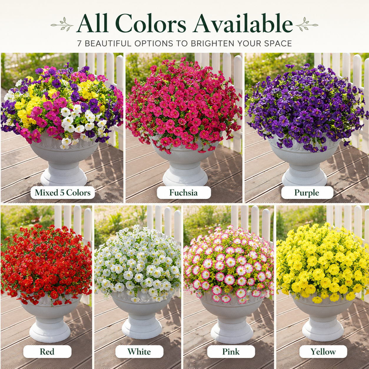 Suggested image: color option collage showing pink fuchsia yellow white purple red and mixed petunias
