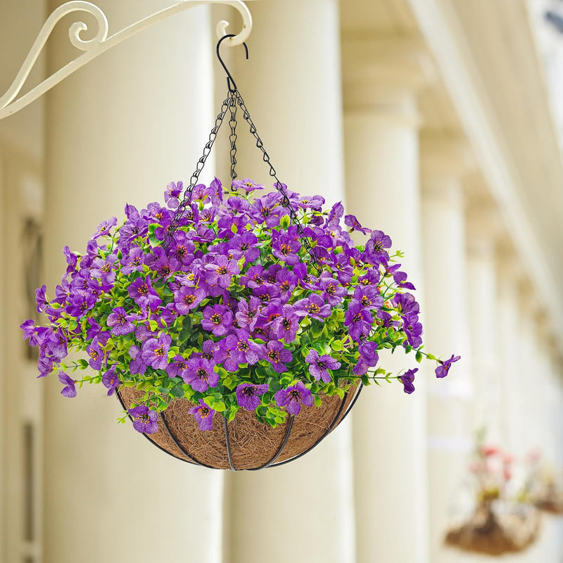  Artificial Hanging Flowers Basket for Outdoors Fake Hanging Plants Spring Summer Decoration UV Resistant for Garden Front Porch Patio Balcony Decor purple
