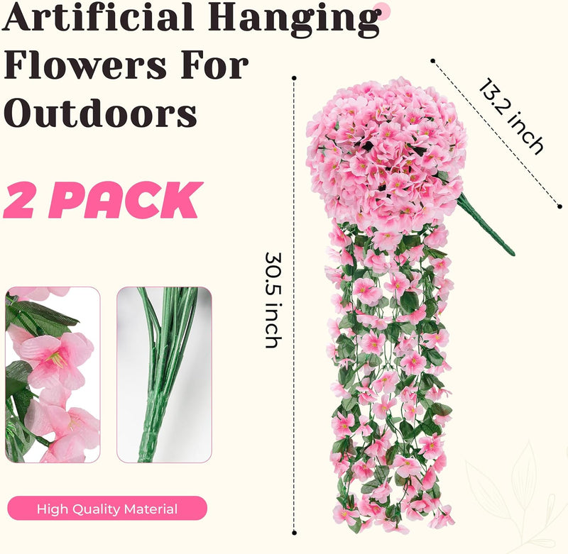 2 Packs Fake Hanging Plants Artificial Flowers for Outdoors Pink UV Resistant for Home Porch Balcony Garden Patio Decor