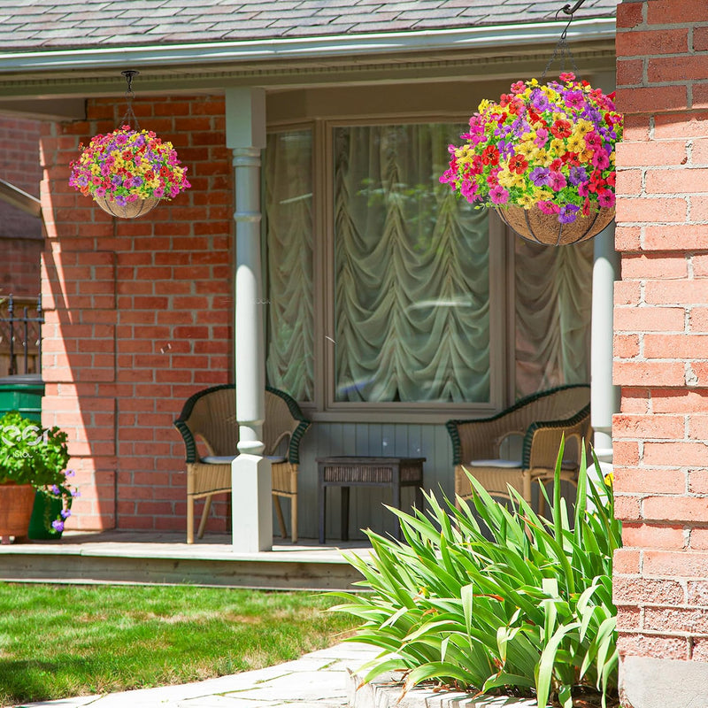  Artificial Hanging Flowers Basket for Outdoors Fake Hanging Plants Spring Summer Decoration UV Resistant for Garden Front Porch Patio Balcony Decor