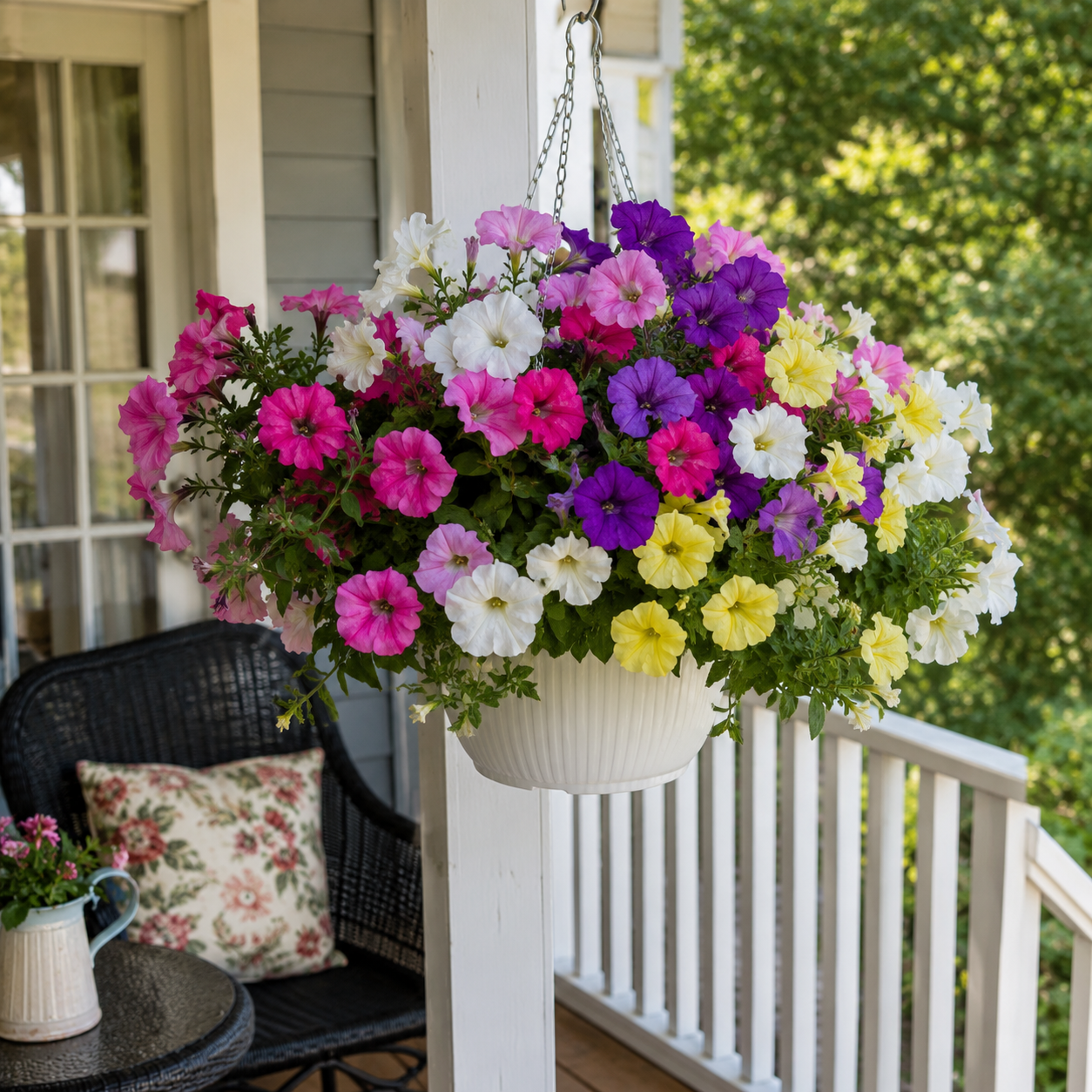 Suggested image: homeowner relaxing while artificial petunias decorate porch without watering tools