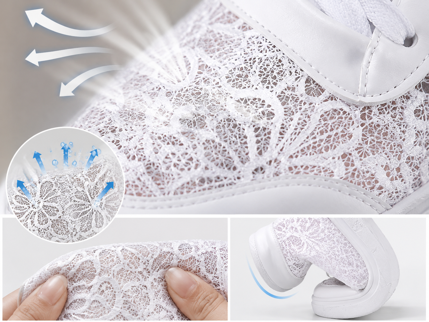 Suggested image: close-up of breathable floral lace mesh upper showing ventilation and texture