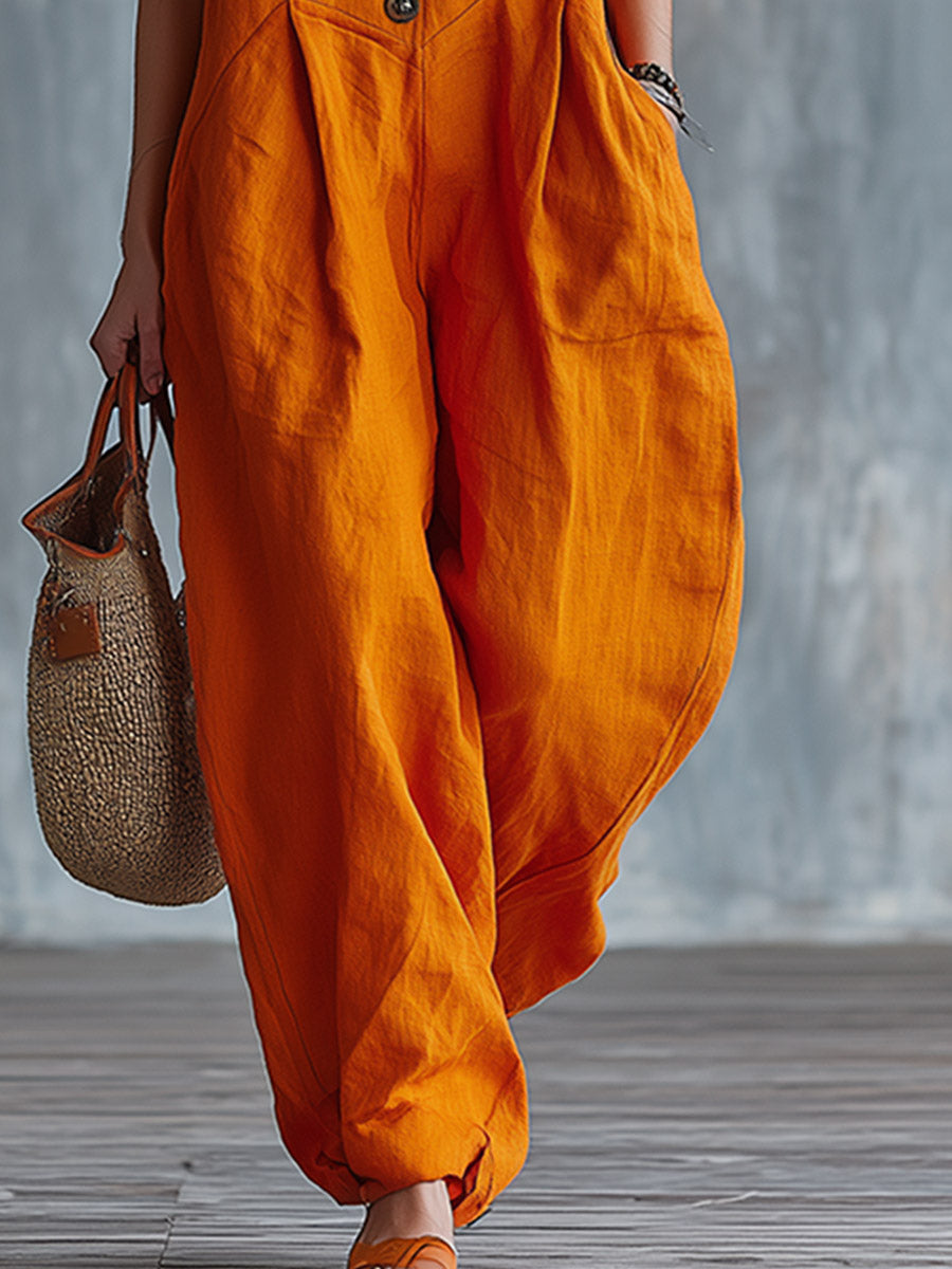 Vibrant Orange Ruffled-Strap Cotton-Linen Jumpsuit