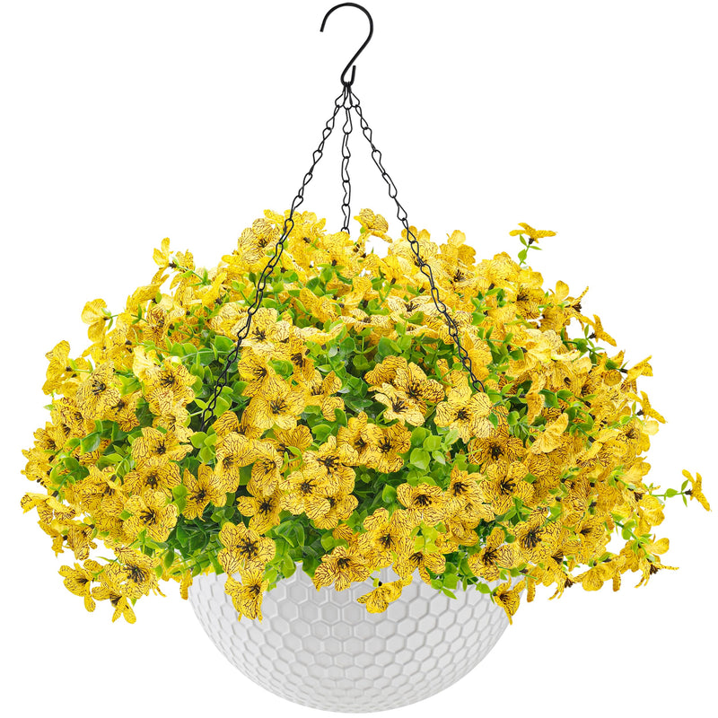  Artificial Hanging Flowers for Outdoors Fake Hanging Plants UV Resistant Spring Faux Flowers for Garden Patio Balcony Front Porch Decor Yellow