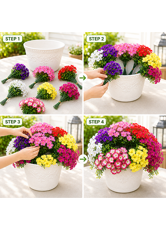 Suggested image: vertical GIF or image showing artificial petunias being placed into a hanging basket