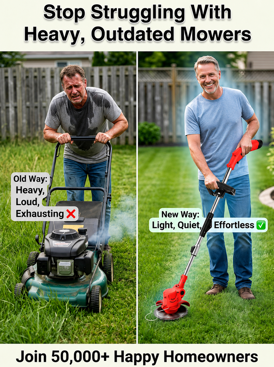 Replace with hero image: red cordless foldable lawn mower trimming a green residential lawn.