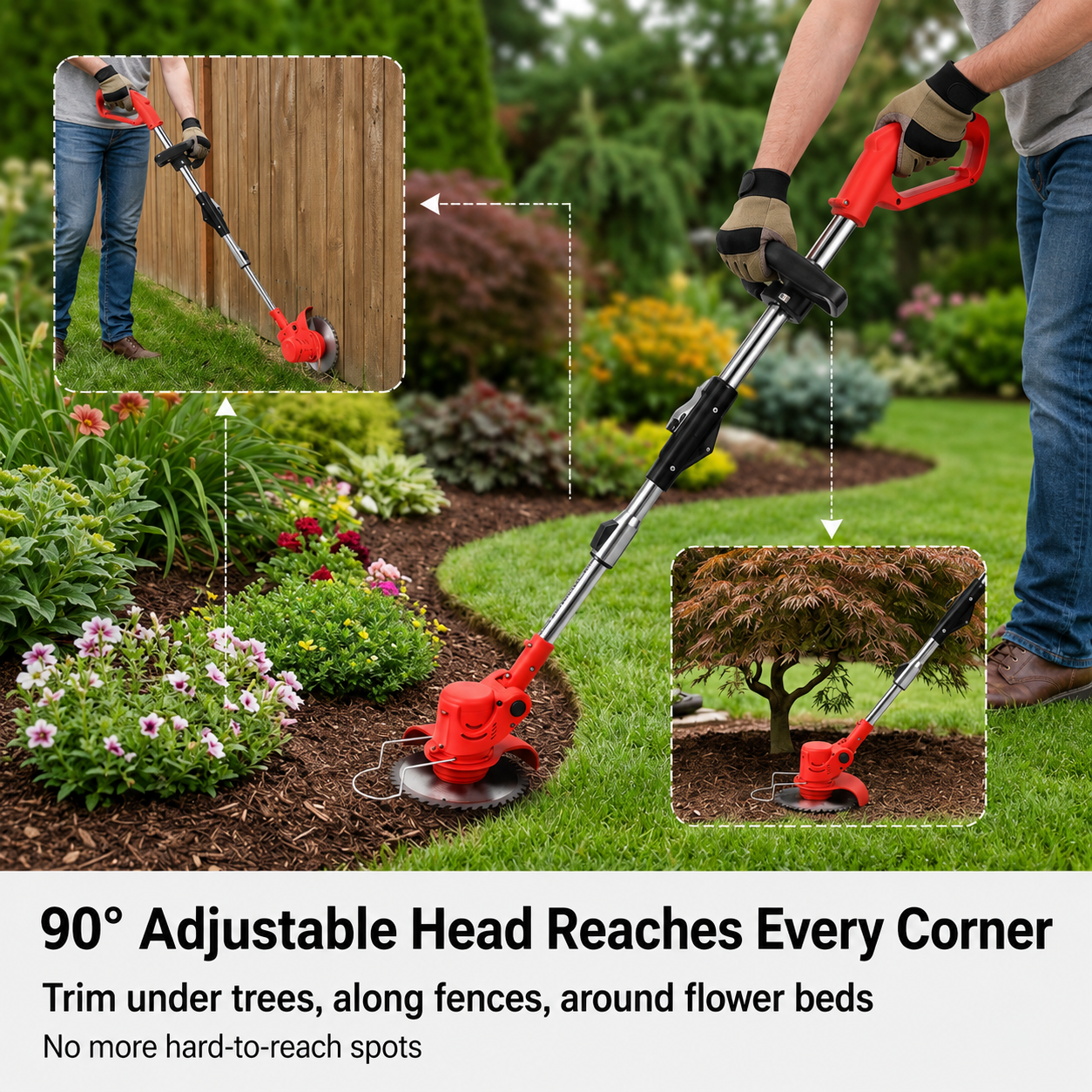 Replace with 90° adjustable head trimming under trees, along fences, and around flower beds.