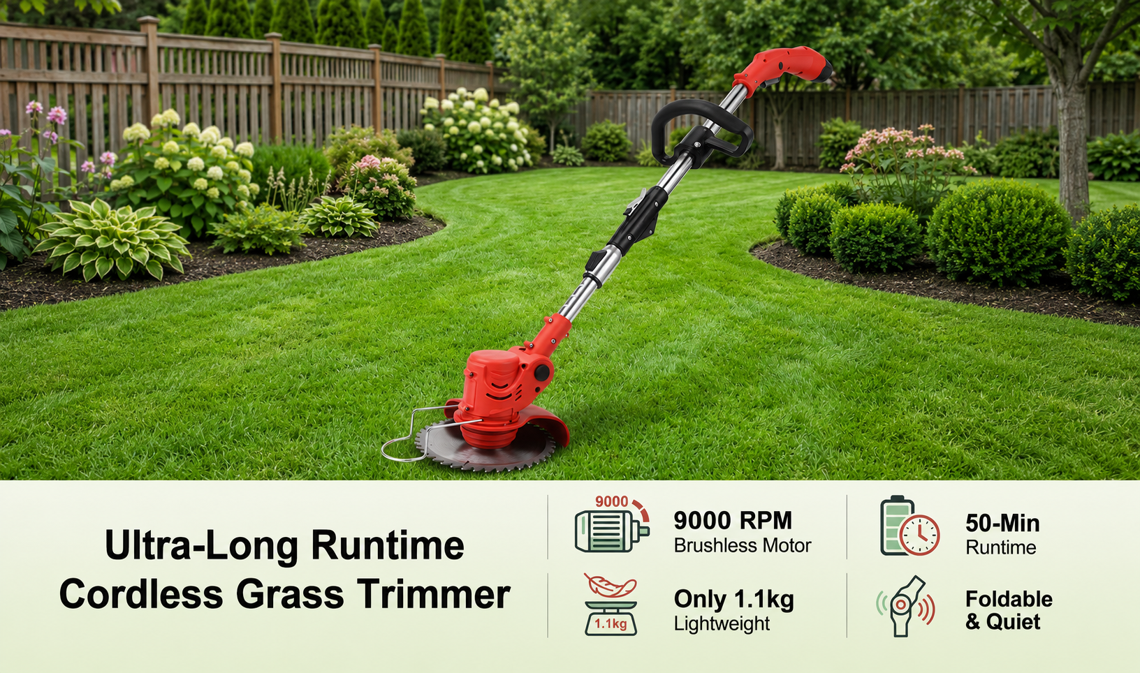 Replace with sidebar product image: clean product-on-lawn image of red cordless folding grass trimmer.
