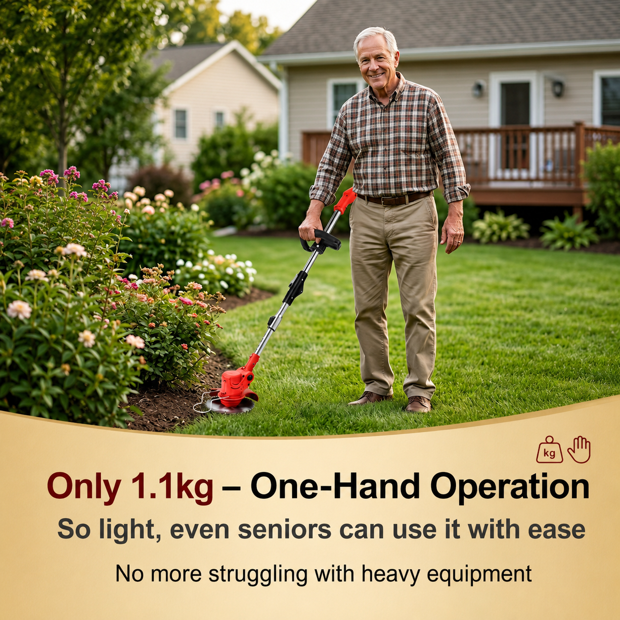 Replace with lightweight one-hand operation image, ideally senior homeowner using mower comfortably.