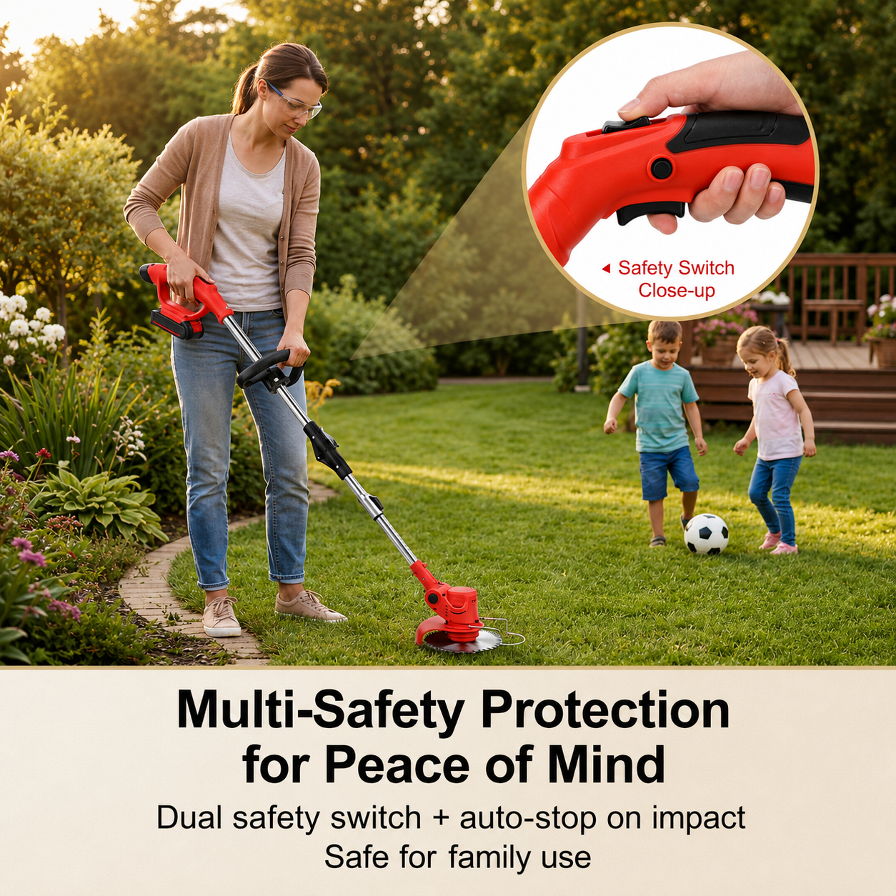 Replace with verified buyer-style image: homeowner holding mower in a finished lawn or garden.