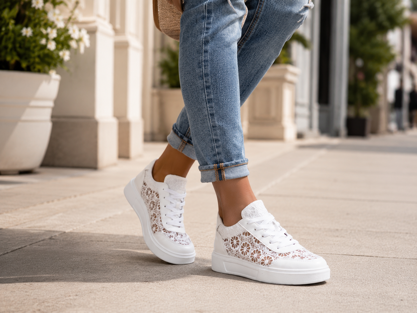 Suggested image: hero lifestyle photo or GIF of a woman walking comfortably in ZOOLAIA floral mesh orthopedic sneakers