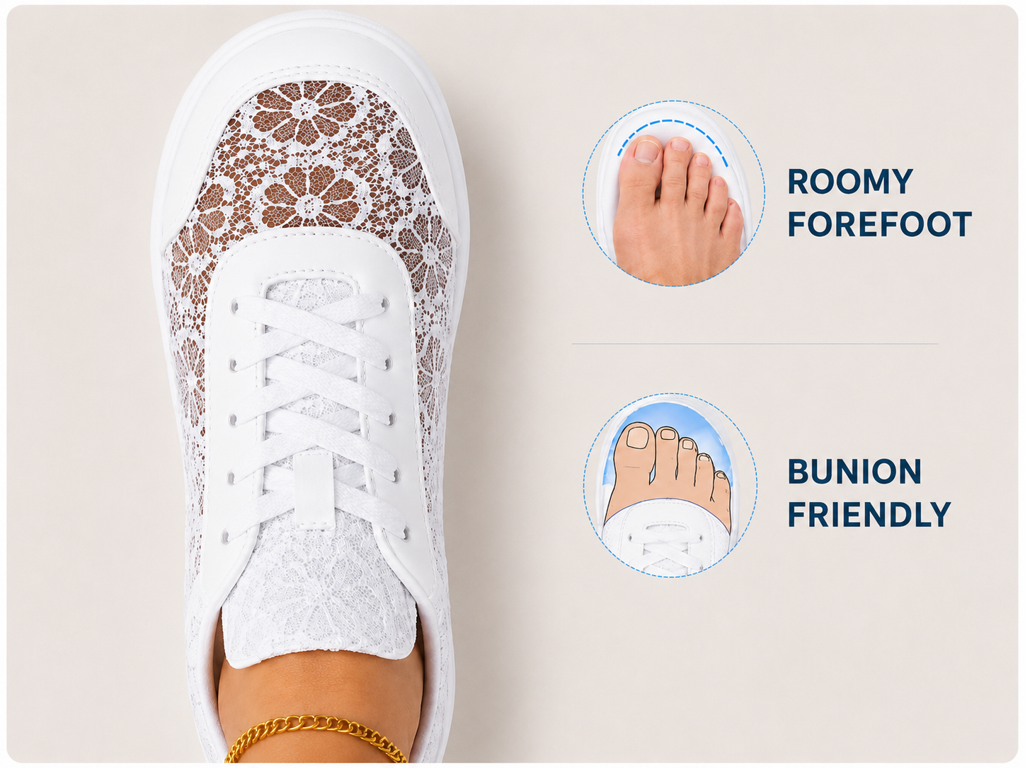 Suggested image: top view comparison showing Normal and Wide fit options or roomy forefoot area