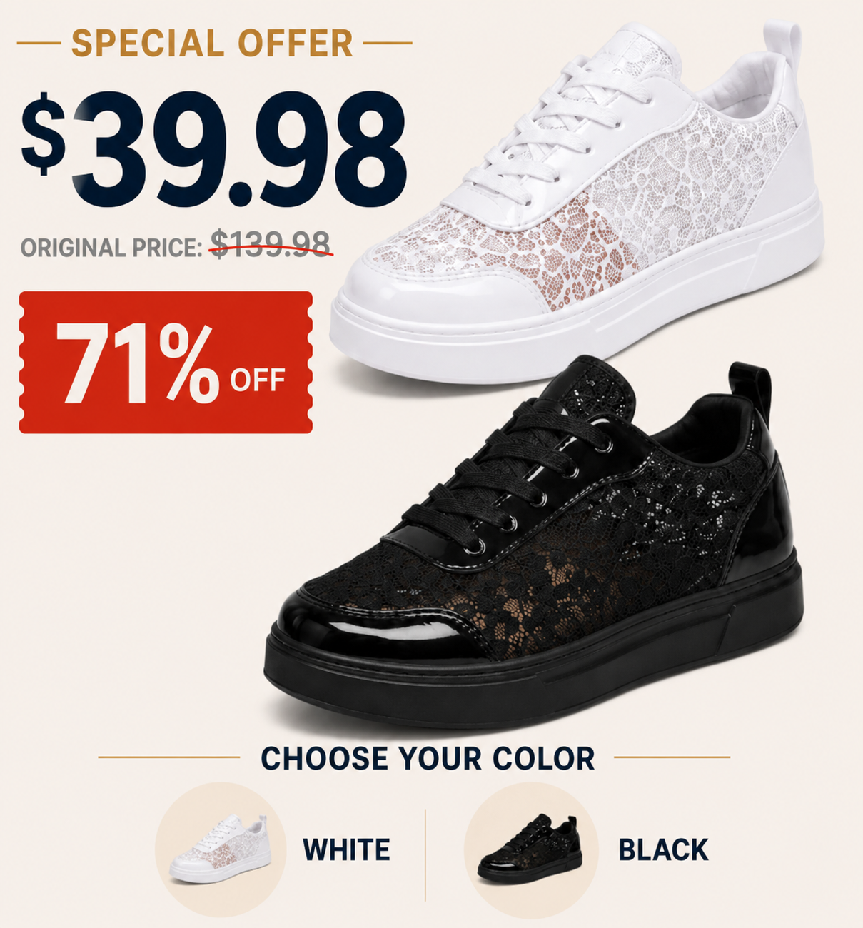 Suggested image: offer graphic showing $39.98 price, $139.98 original price, 71% OFF, White and Black options