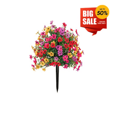 Suggested image: recommended product image showing full artificial flower bouquet in pot or garden setting