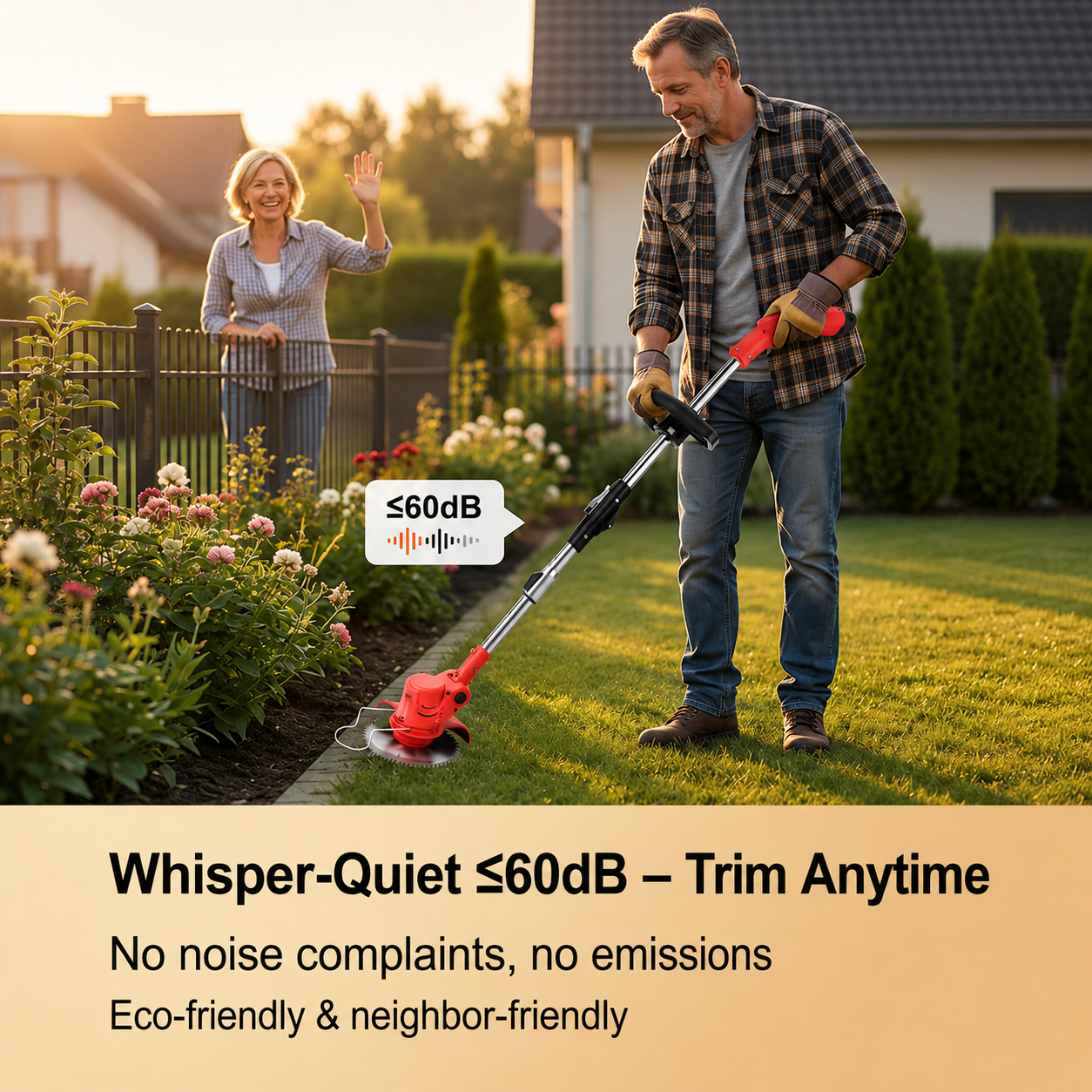 Replace with cordless battery lifestyle scene: quiet yard trimming with no cord and no fuel smoke.