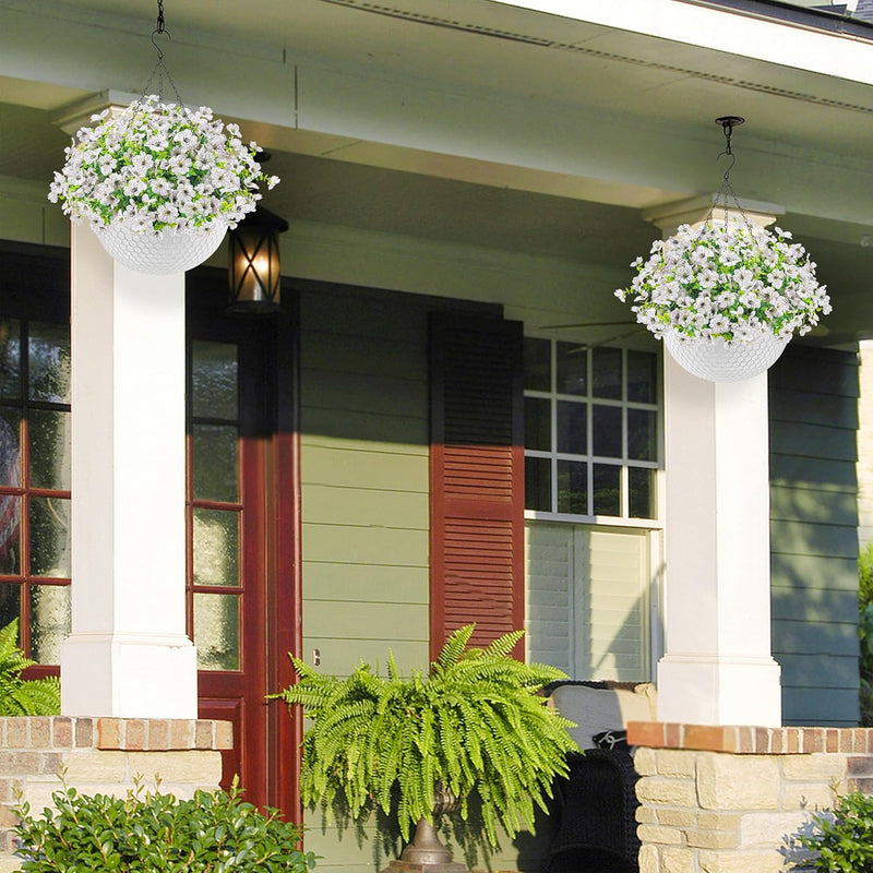 Artificial Hanging Flowers for Outdoors Fake Hanging Plants UV Resistant Spring Faux Flowers for Garden Patio Balcony Front Porch Decor white