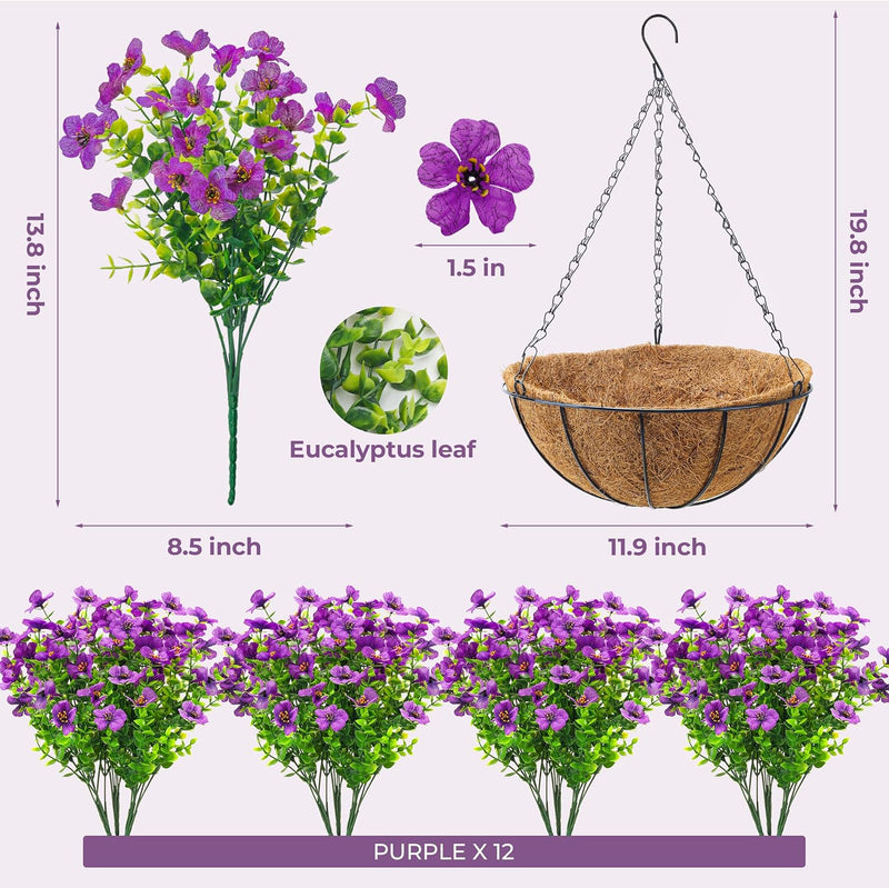  Artificial Hanging Flowers Basket for Outdoors Fake Hanging Plants Spring Summer Decoration UV Resistant for Garden Front Porch Patio Balcony Decor purple