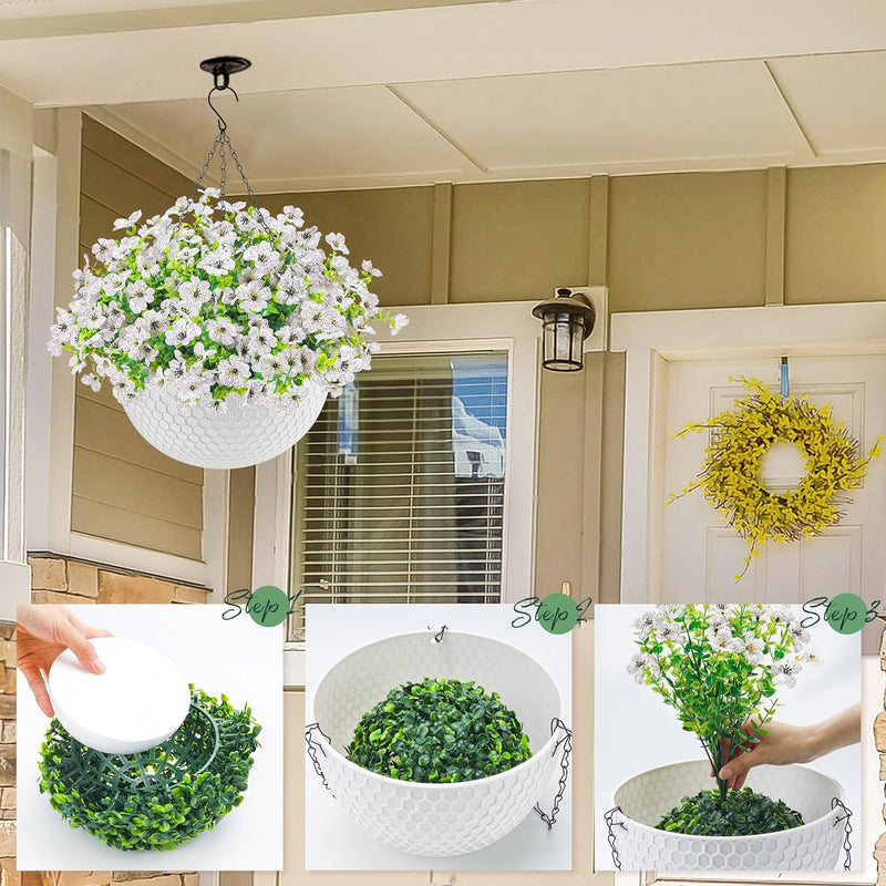  Artificial Hanging Flowers for Outdoors Fake Hanging Plants UV Resistant Spring Faux Flowers for Garden Patio Balcony Front Porch Decor white