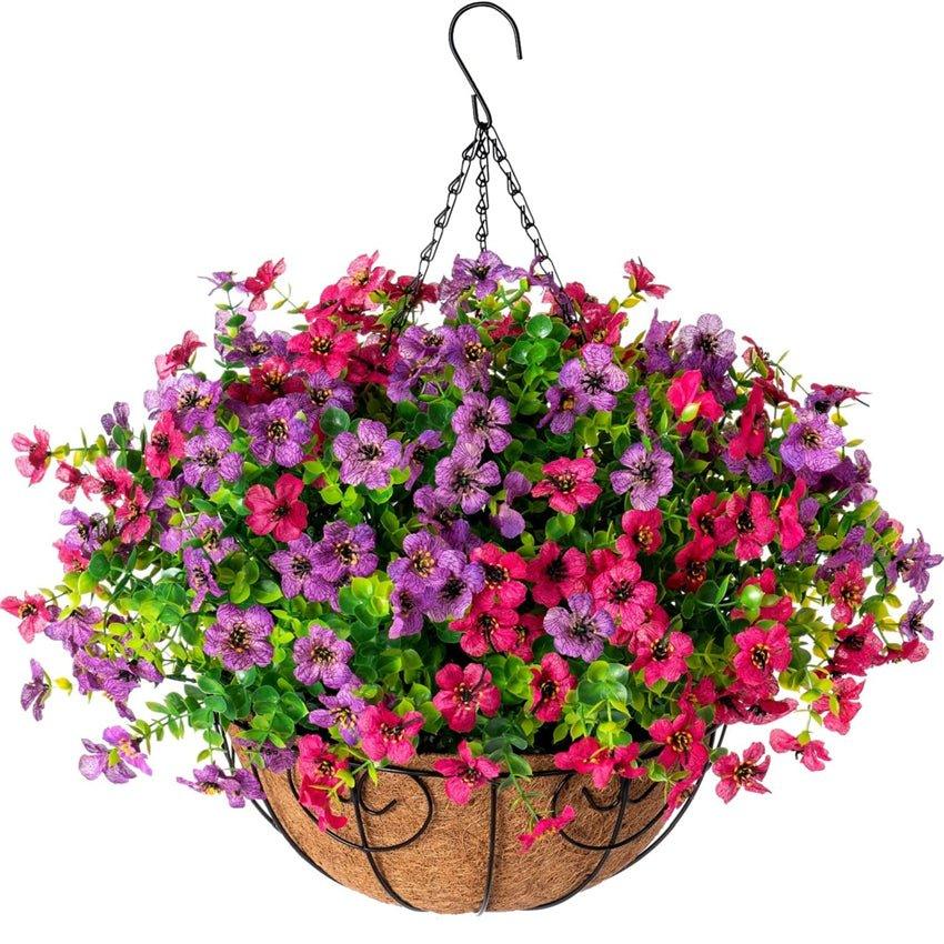 Artificial Daisy Mums with Hanging Basket- Purple Pink