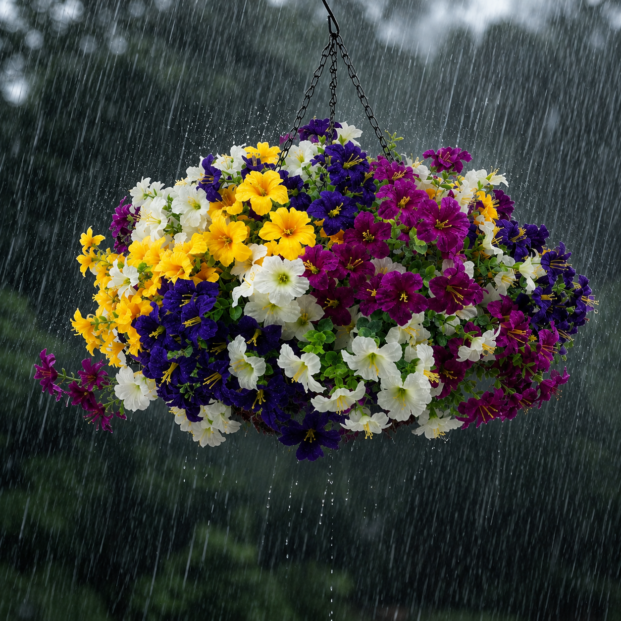 UV-resistant artificial petunias after outdoor sun and rain exposure