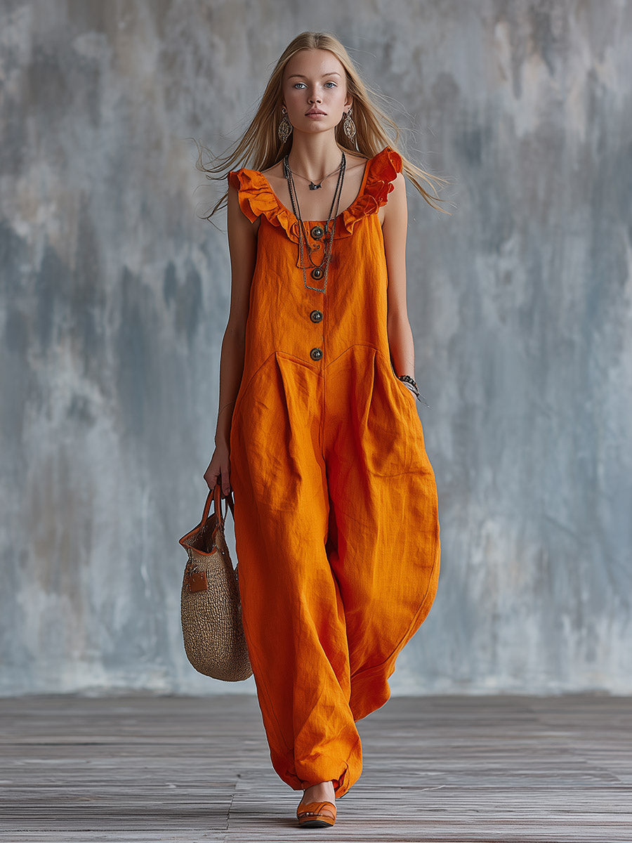Vibrant Orange Ruffled-Strap Cotton-Linen Jumpsuit