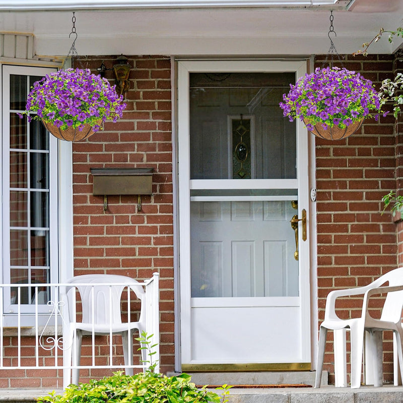  Artificial Hanging Flowers Basket for Outdoors Fake Hanging Plants Spring Summer Decoration UV Resistant for Garden Front Porch Patio Balcony Decor purple