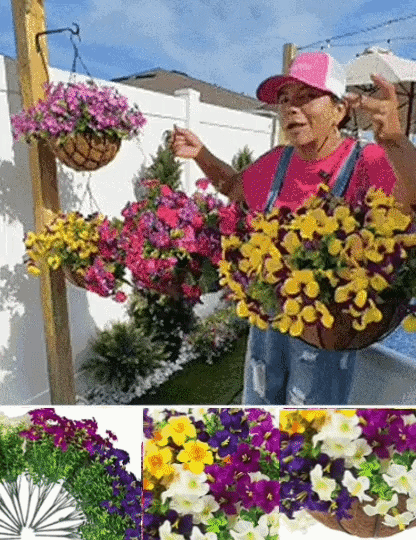 Main image showing UV-resistant artificial petunias styled in an outdoor hanging basket