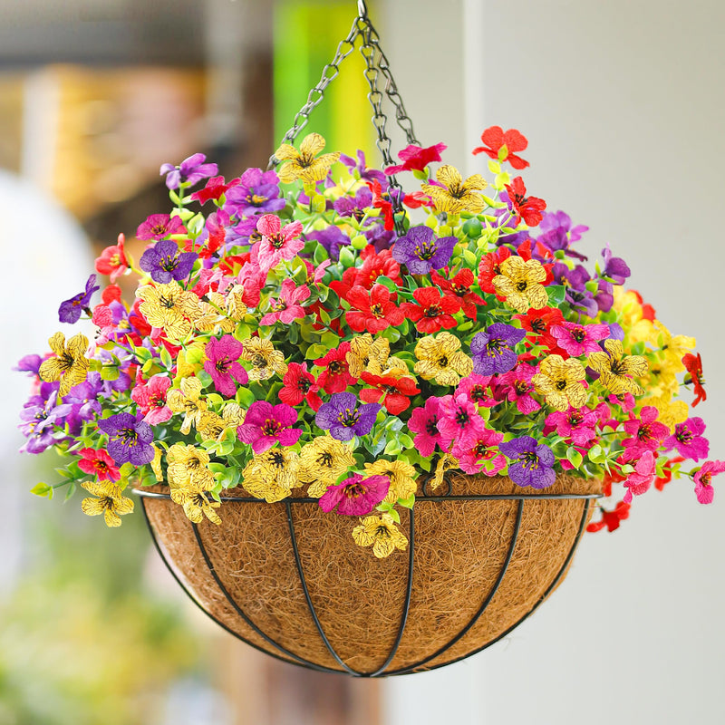  Artificial Hanging Flowers Basket for Outdoors Fake Hanging Plants Spring Summer Decoration UV Resistant for Garden Front Porch Patio Balcony Decor