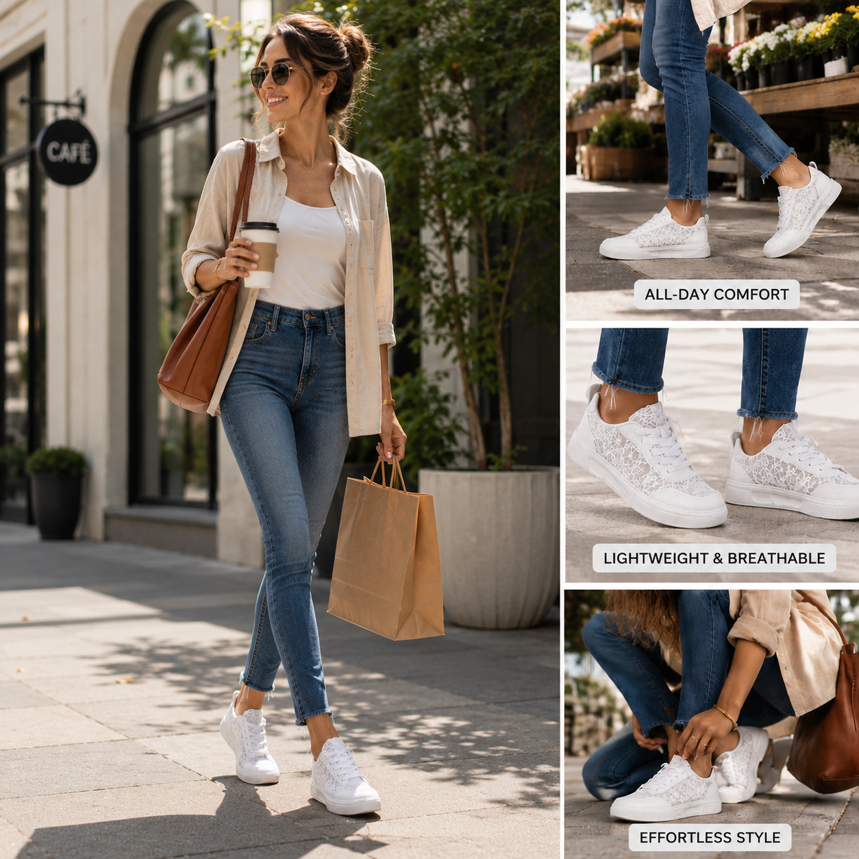 Suggested image: collage showing women wearing the sneakers for errands, walking, travel, and casual daily use