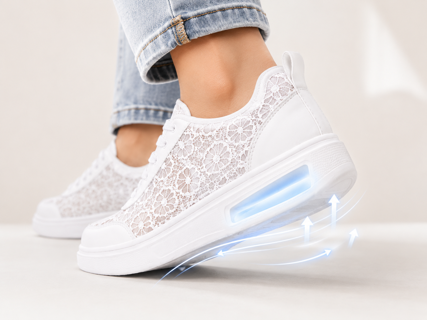 Suggested image: side view or cutaway graphic showing cushioned damping sole absorbing walking impact