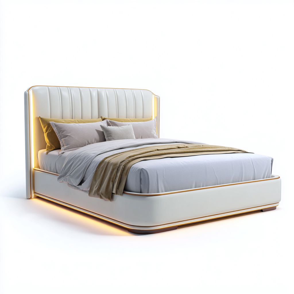 Lit double avec tête de lit rembourrée 200x160x110 cm - Blanc - Design contemporain avec éclairage intégré-Romoridecor