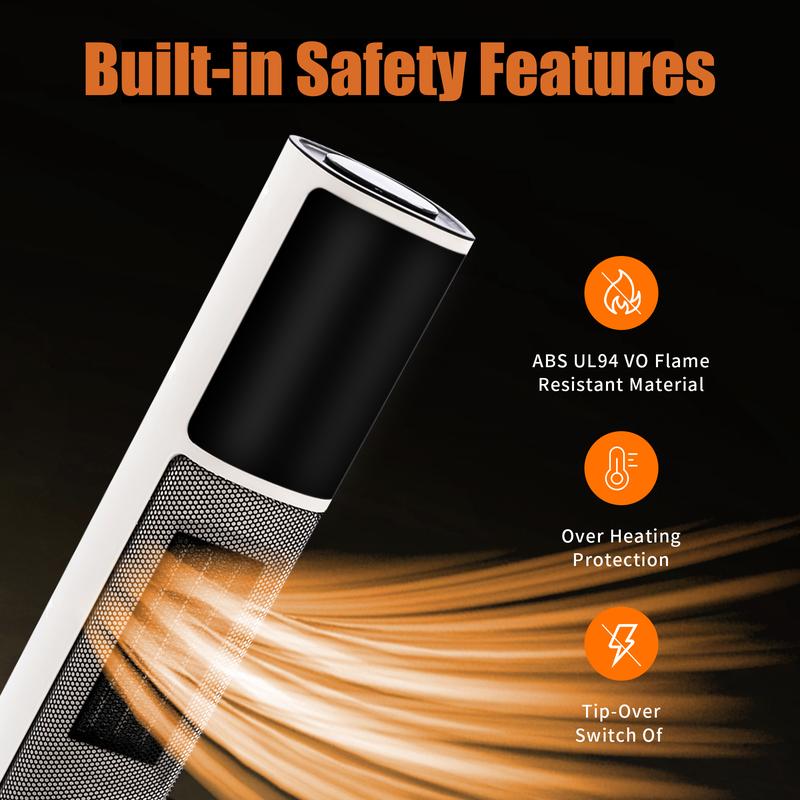 Ceramic Tower 1500W Indoor Space Heater Fan, Room Heating with Oscillation, Portable Tower heater for office, Bedroom, Living room, Overheat Protection, Electronic flame light effect, white