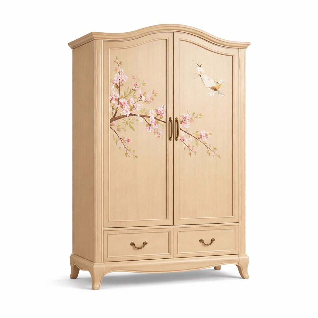 Kleiderschrank holz beige mit vogel blumenmotiv 2 türen 2 schubladen-nestverona