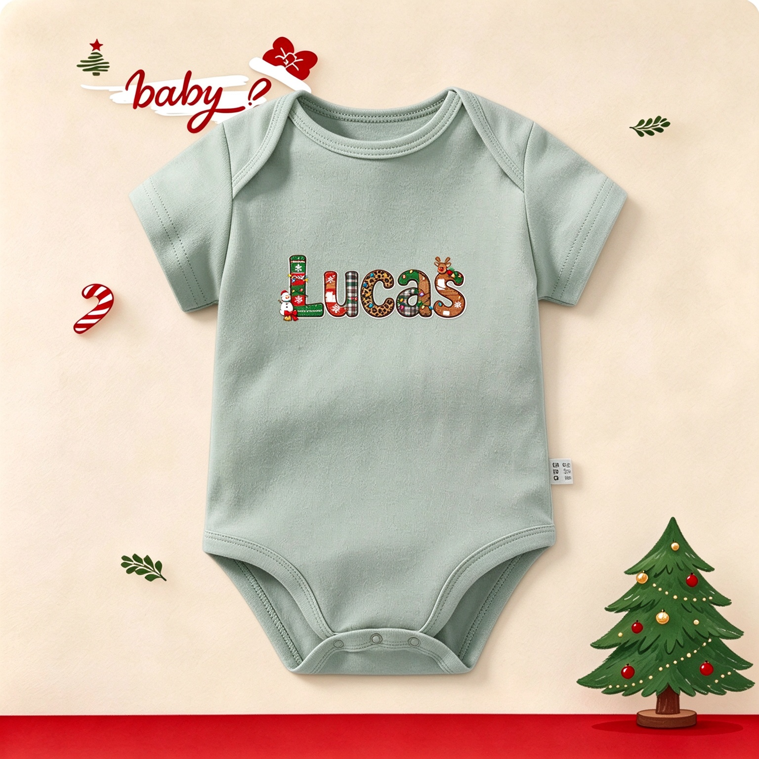 Custom Christmas Name Letter Baby Outfit, Personalized Xmas Infant Bodysuit