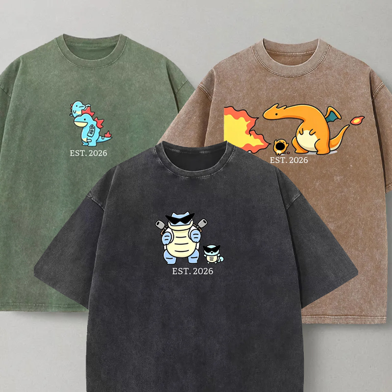 Cute Parent & Kid Pokemon Family Collection Vintage Washed T-Shirt