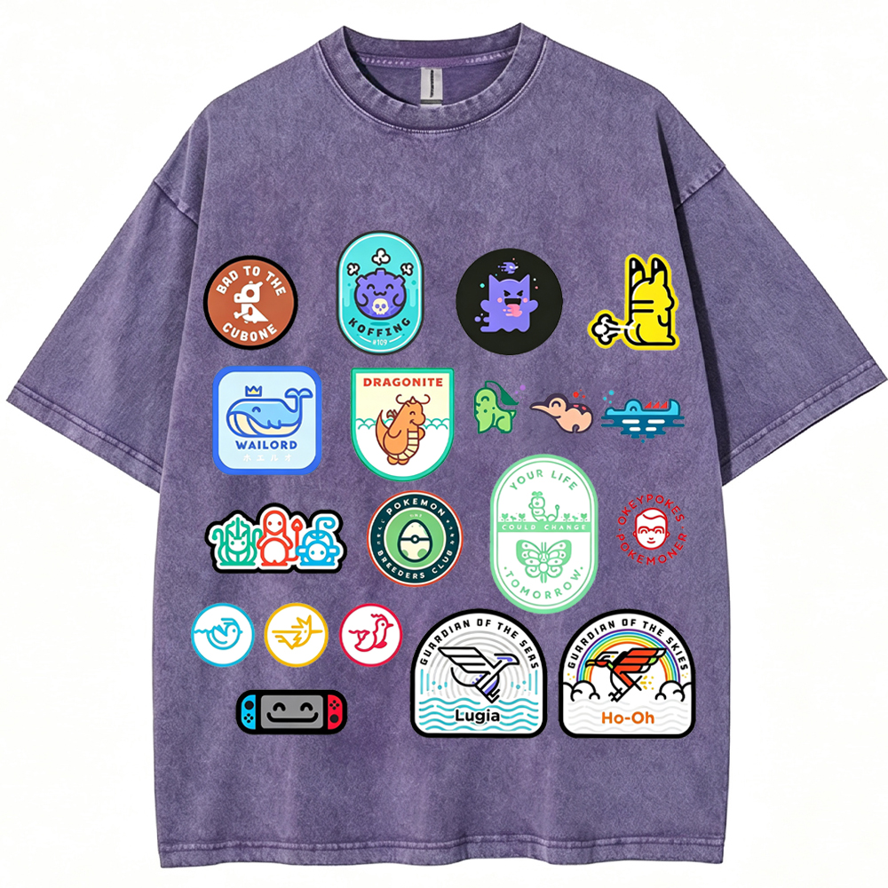 Multi Pokemon Patch Stickers Cartoon Tee | Pokemon Anime