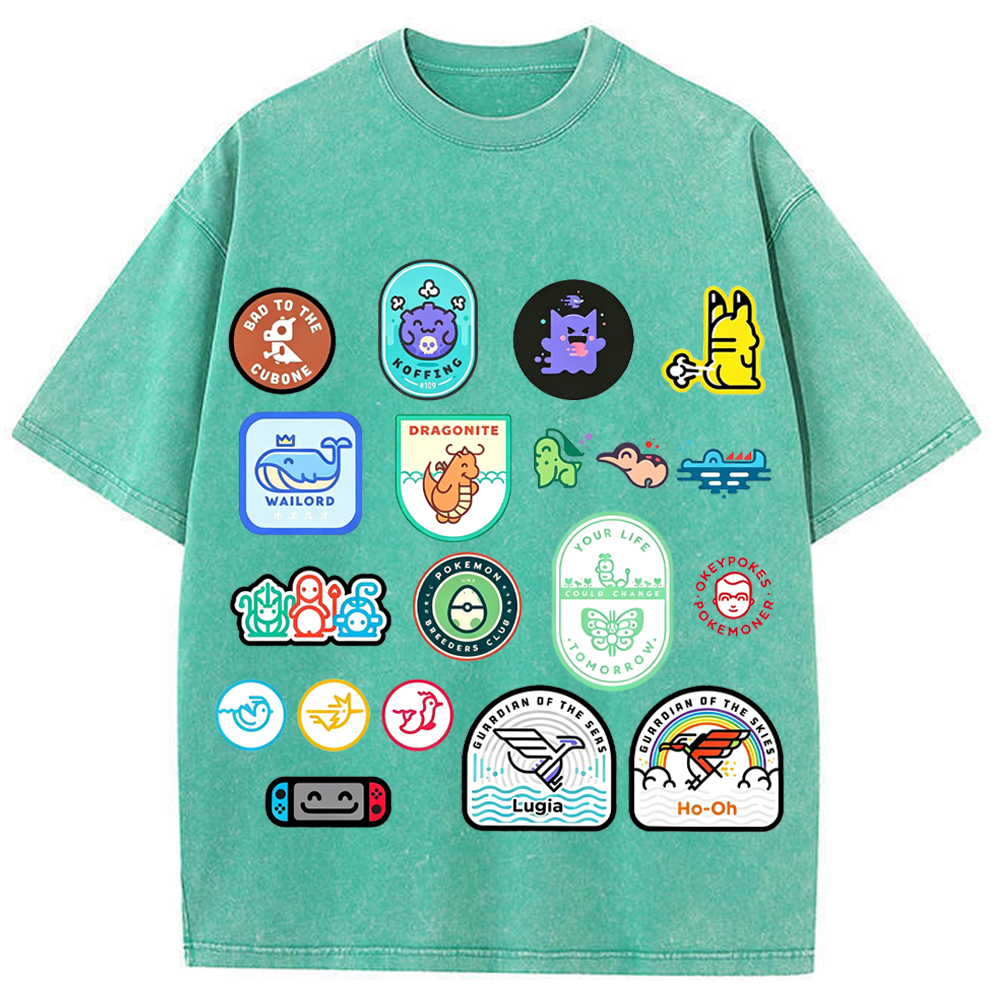 Multi Pokemon Patch Stickers Cartoon Tee | Pokemon Anime