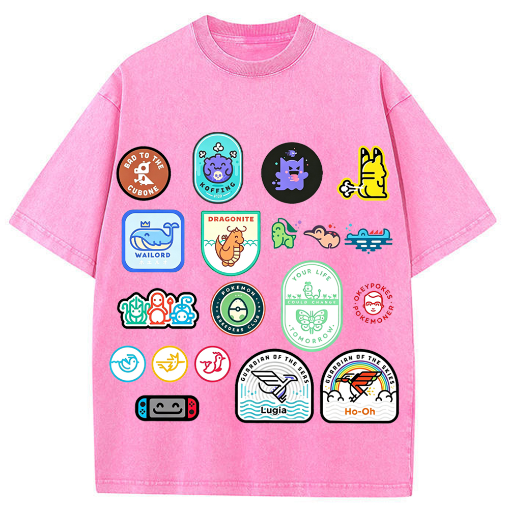 Multi Pokemon Patch Stickers Cartoon Tee | Pokemon Anime
