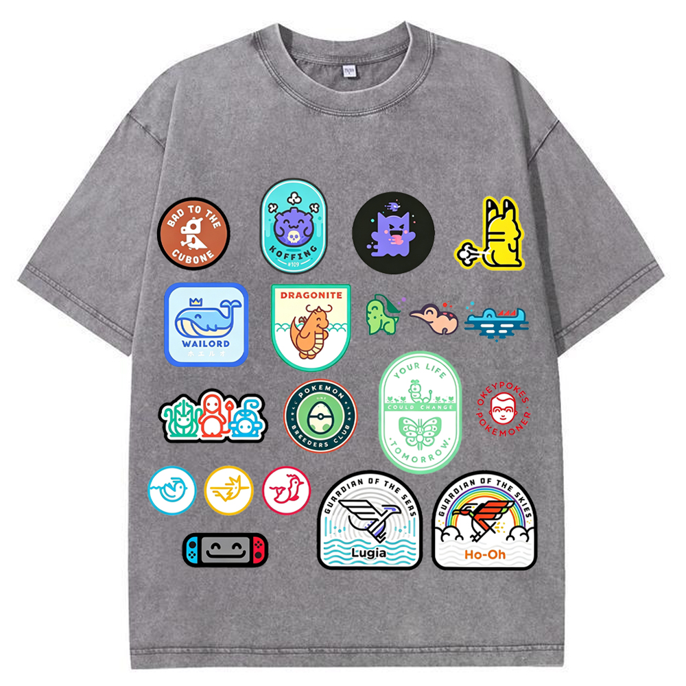 Multi Pokemon Patch Stickers Cartoon Tee | Pokemon Anime