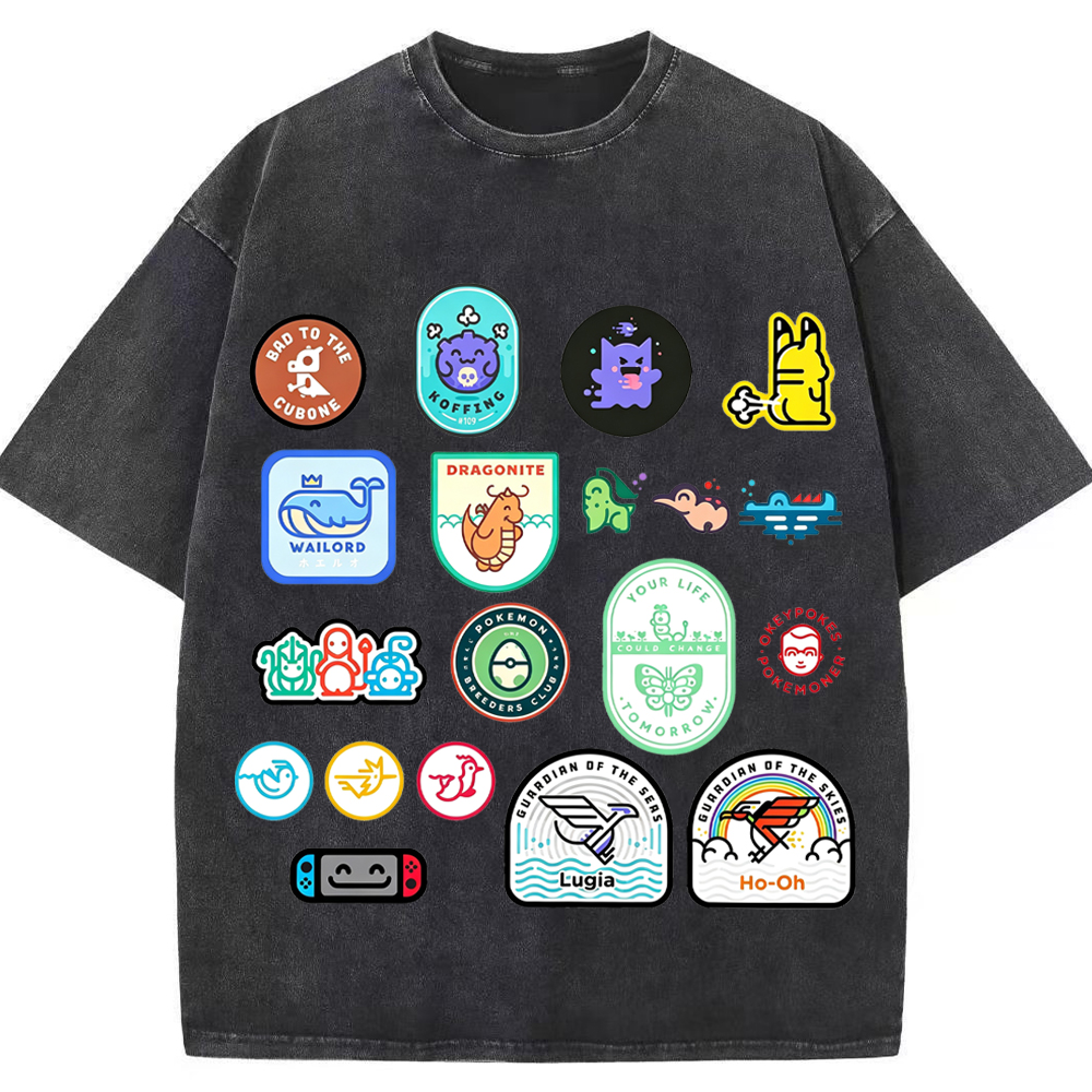 Multi Pokemon Patch Stickers Cartoon Tee | Pokemon Anime