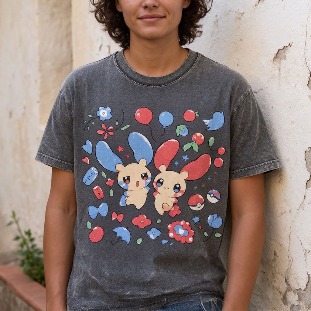 Pokémon Plusle And Minions Unisex Vintage Washed Tee
